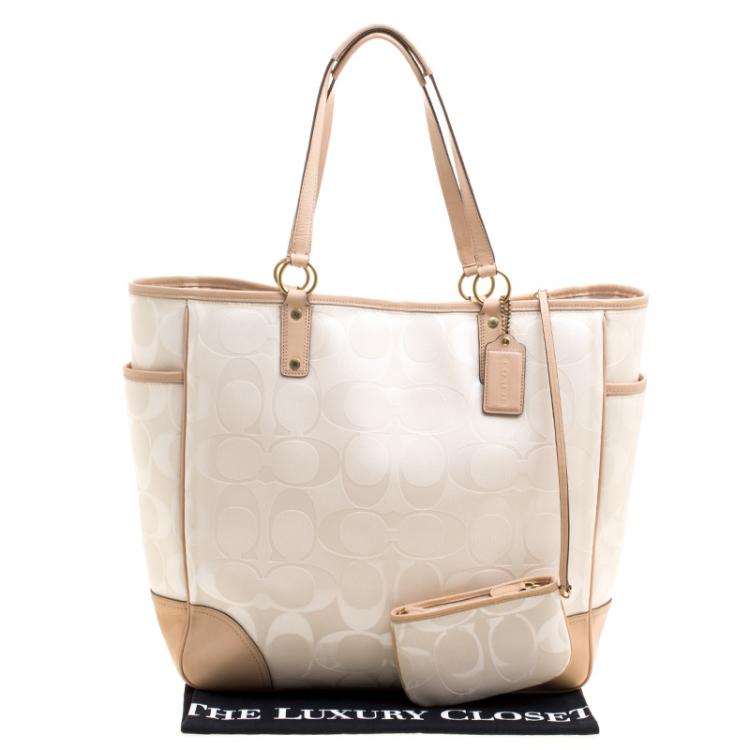Pre Owned Coach White/Beige Coated Canvas and Leather Large City Tote