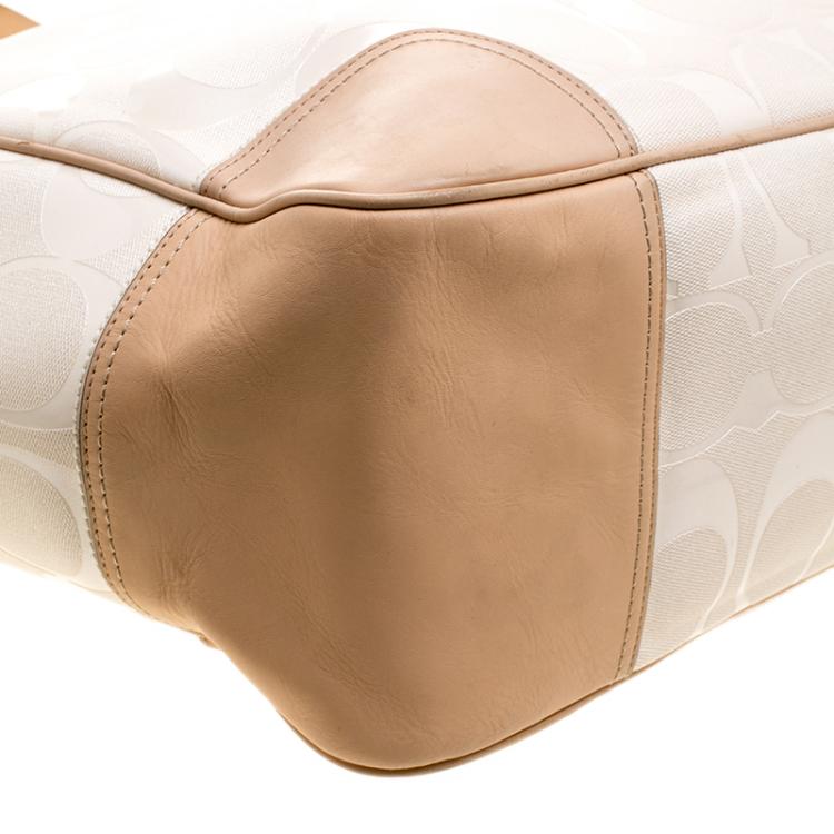 Pre Owned Coach White/Beige Coated Canvas and Leather Large City Tote