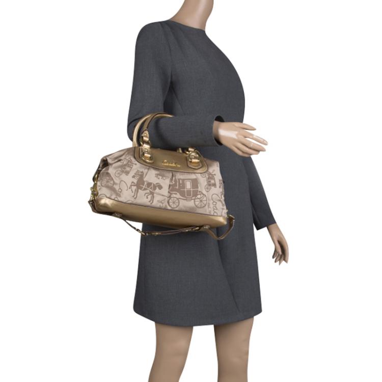 Pre Owned Coach Beige/Gold Fabric and Leather Satchel