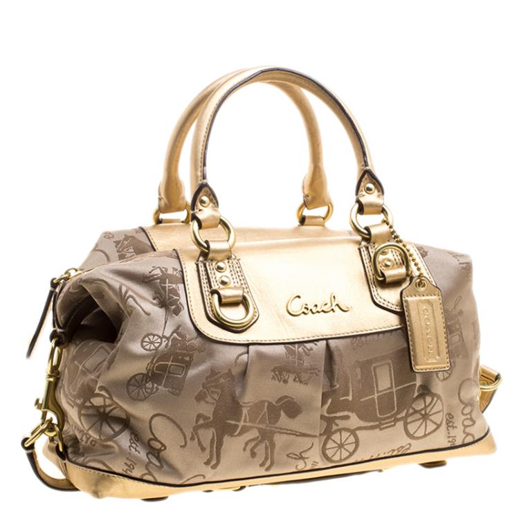 Pre Owned Coach Beige/Gold Fabric and Leather Satchel