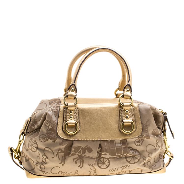 Pre Owned Coach Beige/Gold Fabric and Leather Satchel