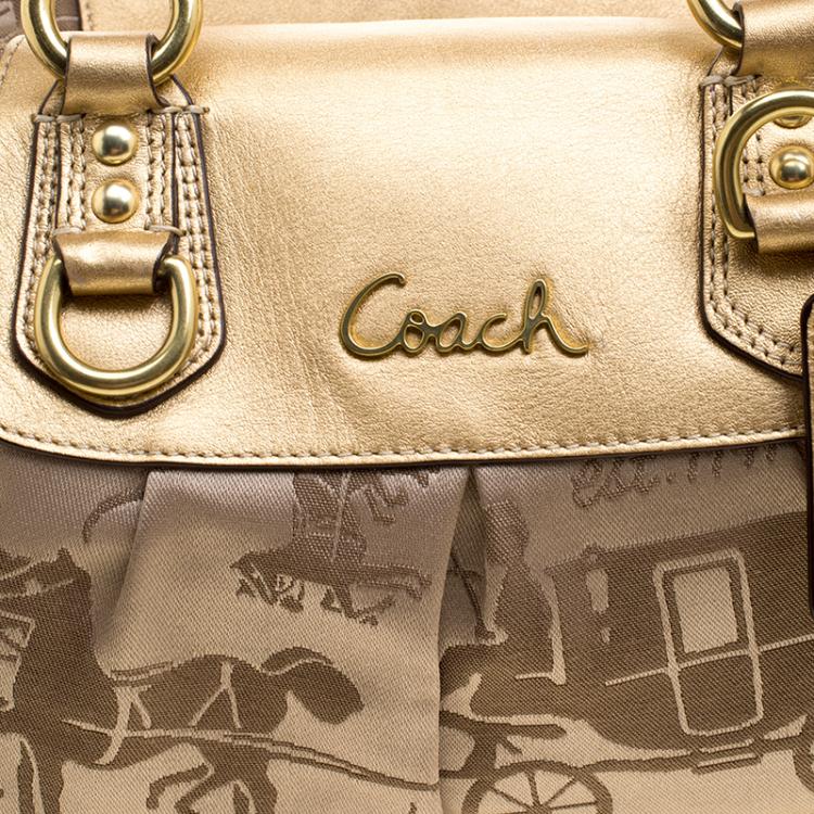 Pre Owned Coach Beige/Gold Fabric and Leather Satchel