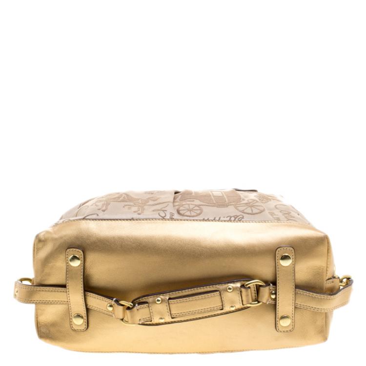 Pre Owned Coach Beige/Gold Fabric and Leather Satchel