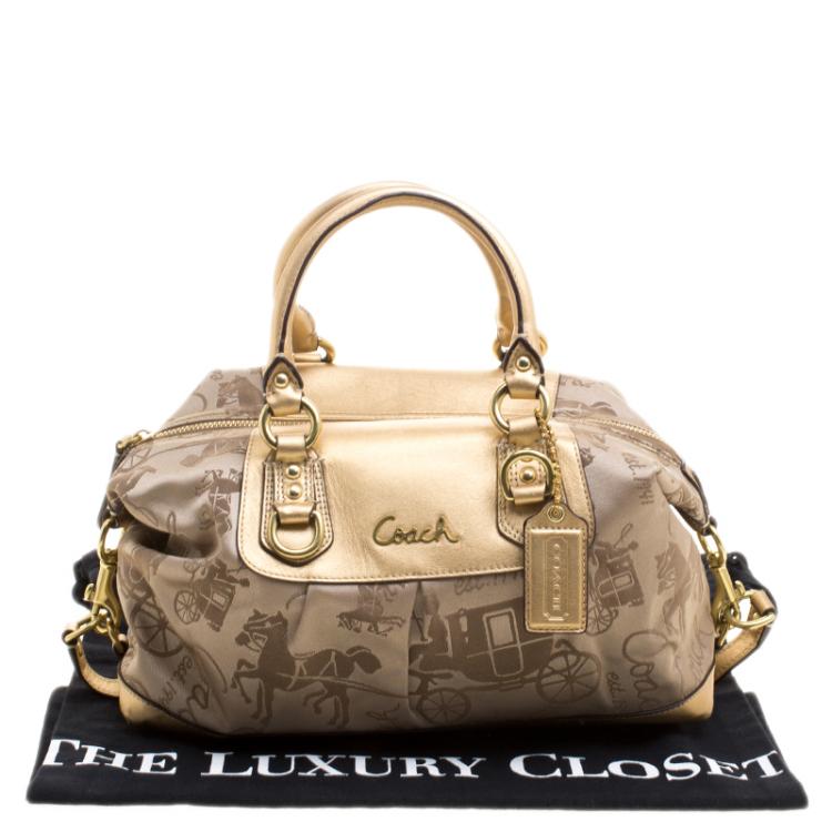 Pre Owned Coach Beige/Gold Fabric and Leather Satchel