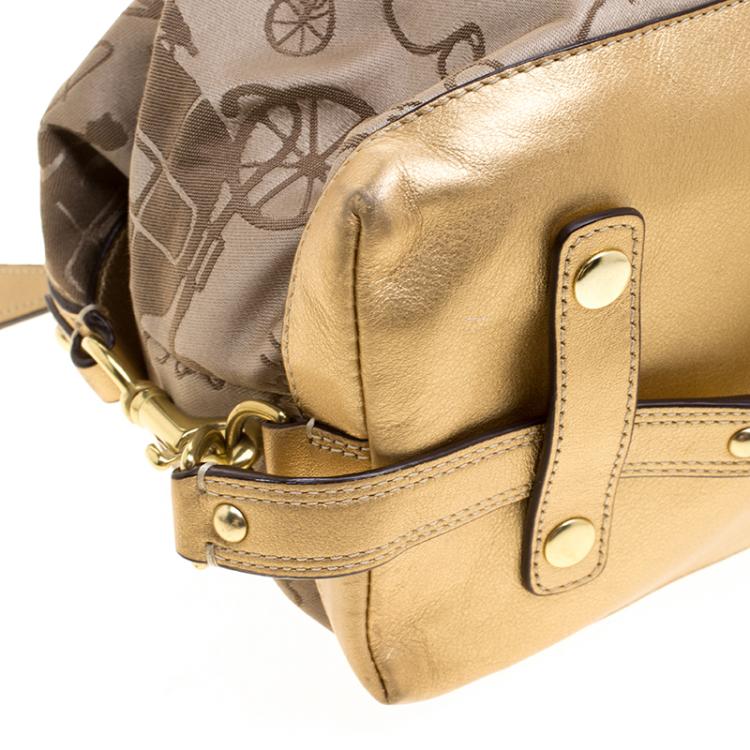 Pre Owned Coach Beige/Gold Fabric and Leather Satchel