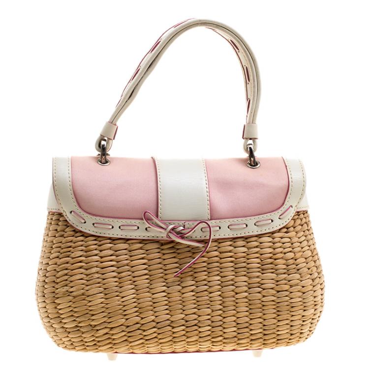 Pre Owned Coach Beige/White Woven Straw and Leather Satchel 