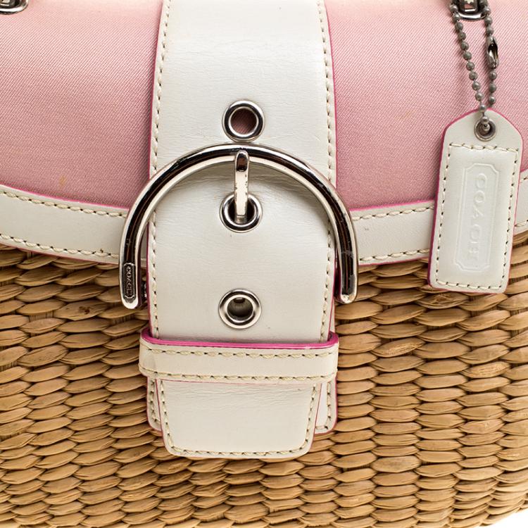 Pre Owned Coach Beige/White Woven Straw and Leather Satchel 