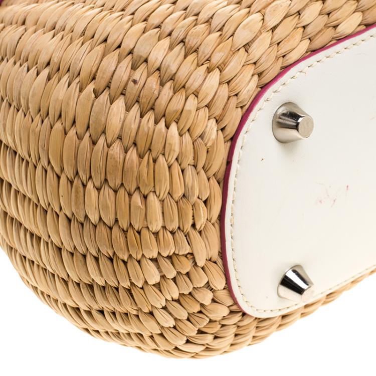 Pre Owned Coach Beige/White Woven Straw and Leather Satchel 