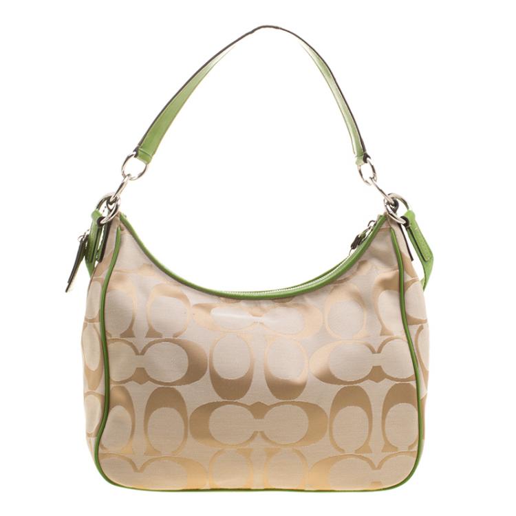 Pre Owned Coach Beige/Green Signature Canvas Stripe Convertible Hobo 