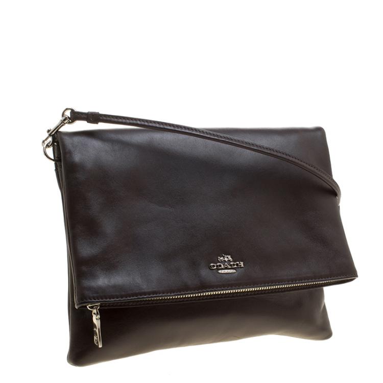 Pre Owned Coach Brown Leather Foldover Crossbody Bag