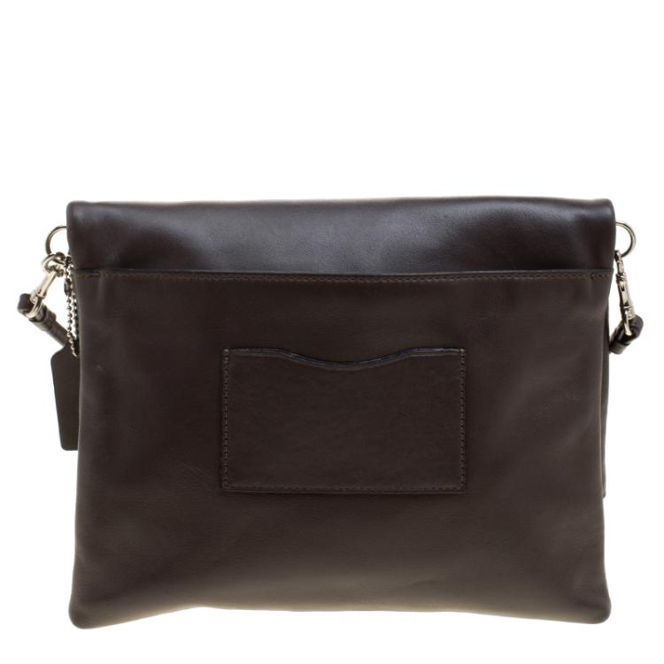 Pre Owned Coach Brown Leather Foldover Crossbody Bag