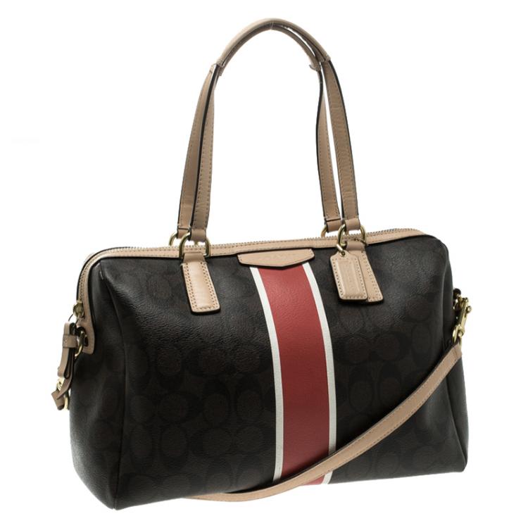 Pre Owned Coach Brown Signature Coated Canvas Nancy Stripe Satchel