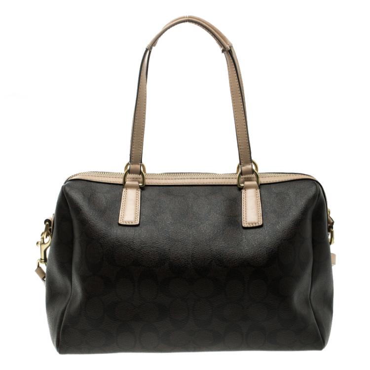 Pre Owned Coach Brown Signature Coated Canvas Nancy Stripe Satchel