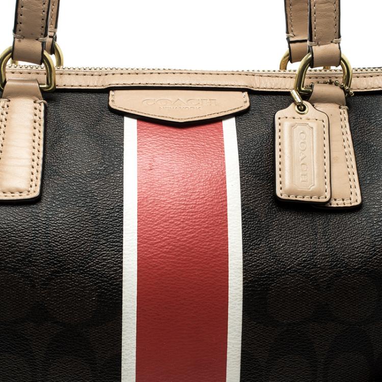 Pre Owned Coach Brown Signature Coated Canvas Nancy Stripe Satchel