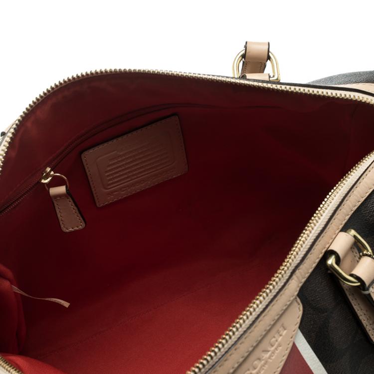 Pre Owned Coach Brown Signature Coated Canvas Nancy Stripe Satchel