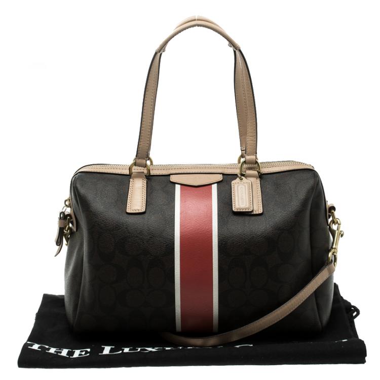 Pre Owned Coach Brown Signature Coated Canvas Nancy Stripe Satchel