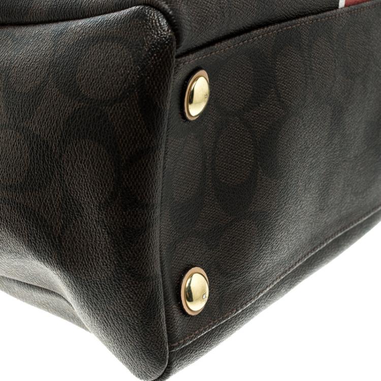 Pre Owned Coach Brown Signature Coated Canvas Nancy Stripe Satchel