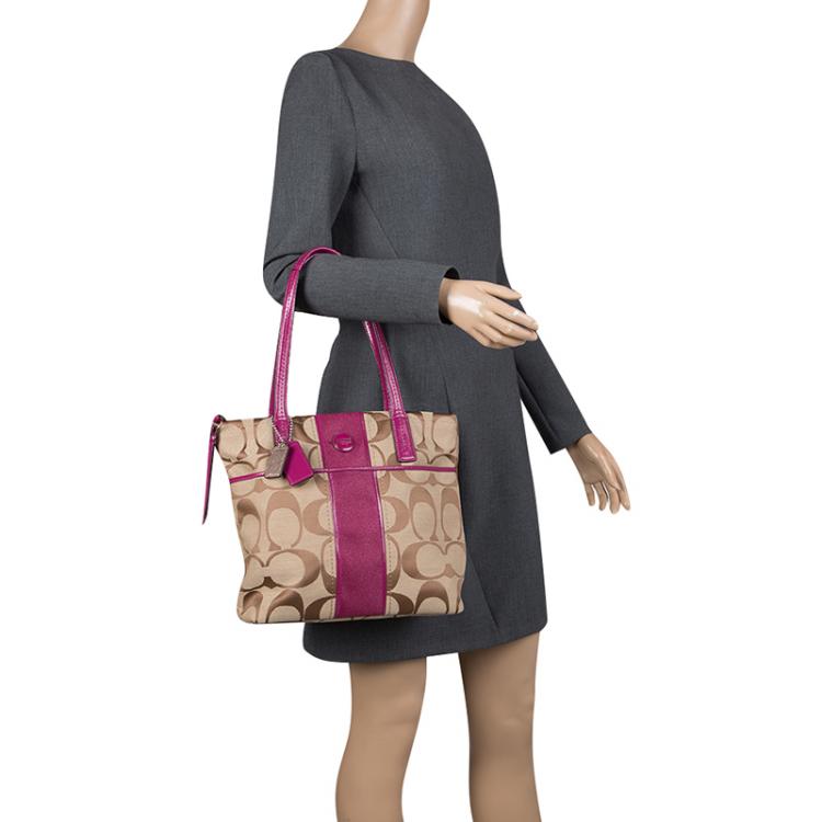 Pre Owned Coach Beige/Pink Canvas Tote