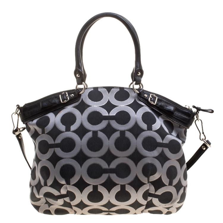Pre Owned Coach Madison Black Op Art Sateen and Leather Satchel