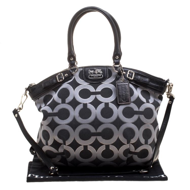 Pre Owned Coach Madison Black Op Art Sateen and Leather Satchel