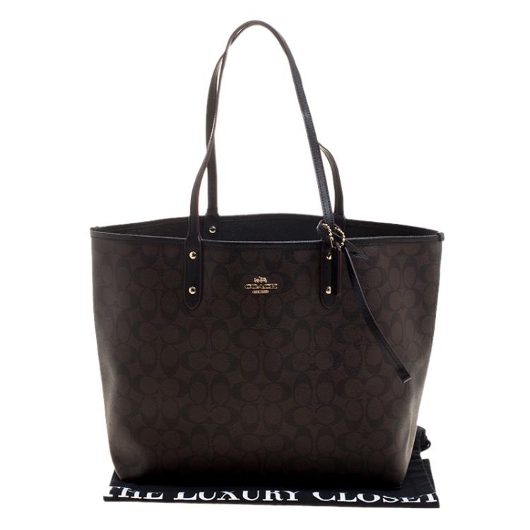 Pre Owned Coach  Brown/Black Coated Canvas Reversible City Tote