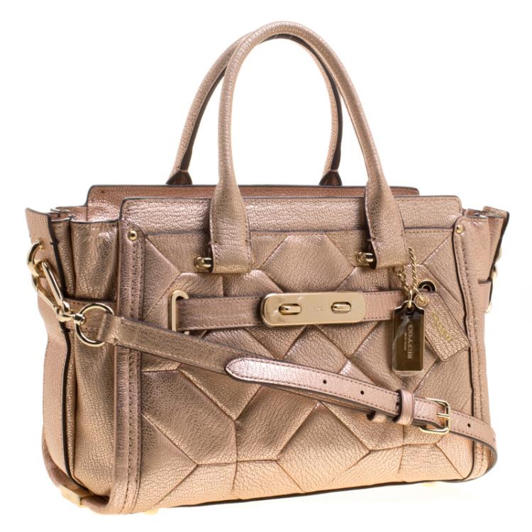 Pre Owned Coach Rose Gold Patchwork Metallic Leather Swagger 27 Carryall Tote