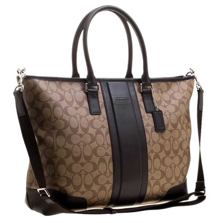 Pre Owned Coach Beige/Brown Signature Coated Canvas Weekender Tote