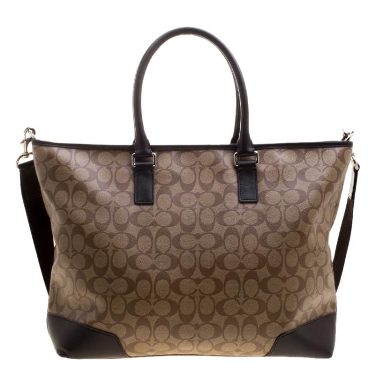 Pre Owned Coach Beige/Brown Signature Coated Canvas Weekender Tote