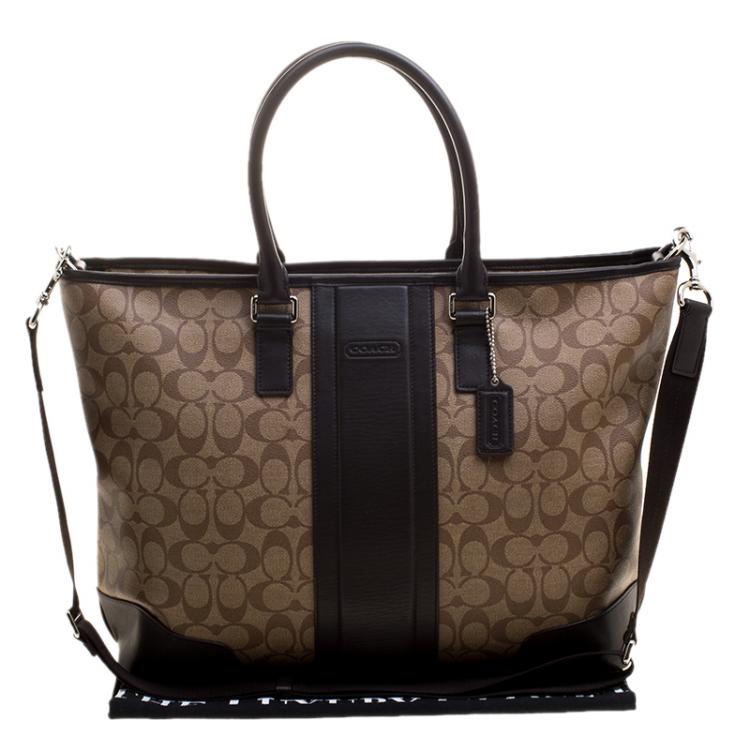 Pre Owned Coach Beige/Brown Signature Coated Canvas Weekender Tote