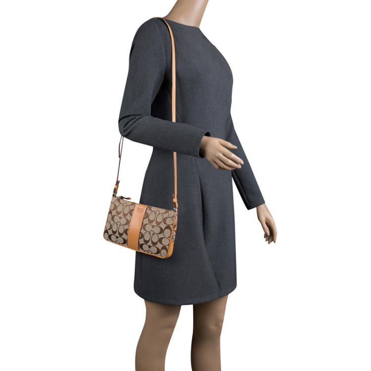 Pre Owned Coach Tan/Beige Signature Canvas Slim Demi Crossbody Bag