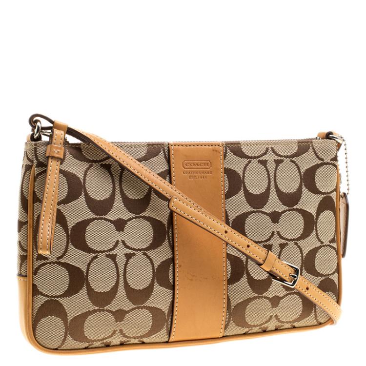 Pre Owned Coach Tan/Beige Signature Canvas Slim Demi Crossbody Bag