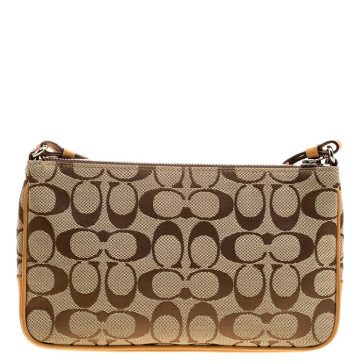 Pre Owned Coach Tan/Beige Signature Canvas Slim Demi Crossbody Bag