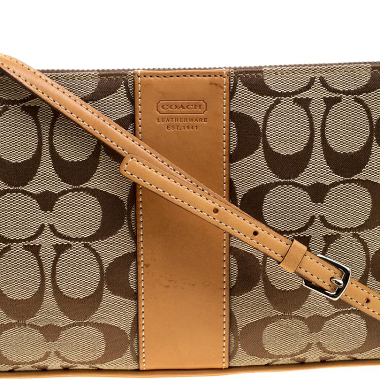 Pre Owned Coach Tan/Beige Signature Canvas Slim Demi Crossbody Bag