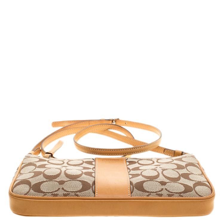 Pre Owned Coach Tan/Beige Signature Canvas Slim Demi Crossbody Bag