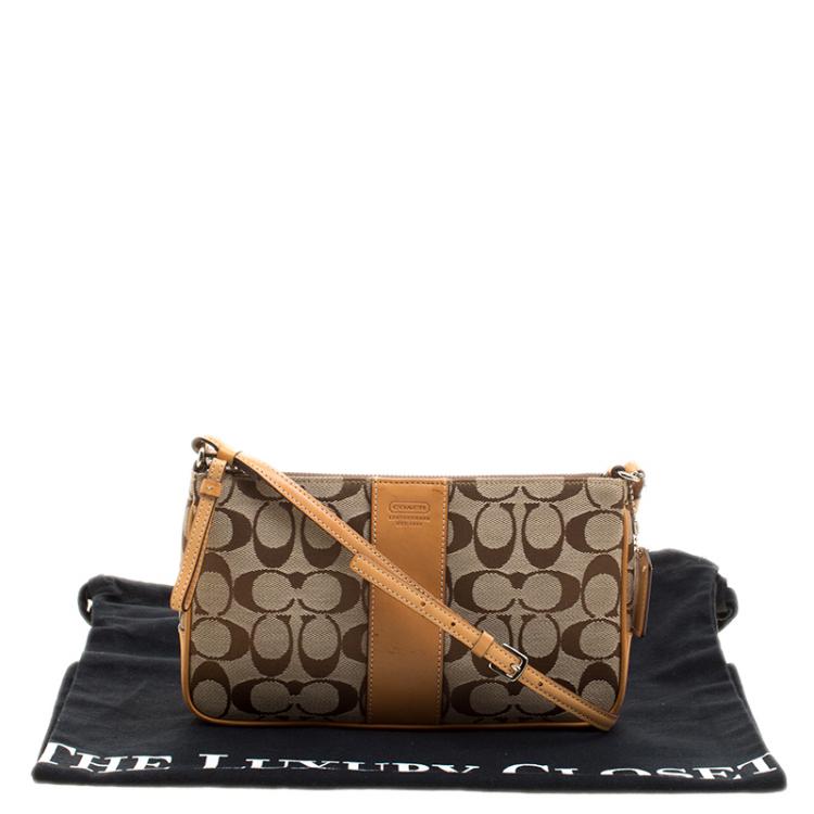 Pre Owned Coach Tan/Beige Signature Canvas Slim Demi Crossbody Bag