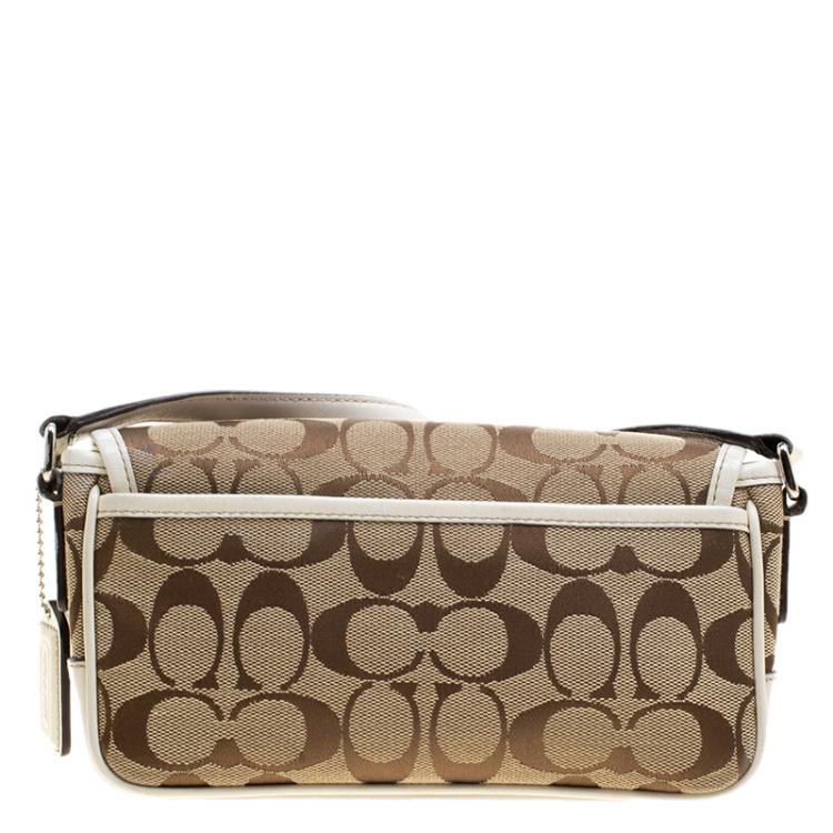 Pre Owned Coach White/Beige Signature Canvas Crossbody Bag