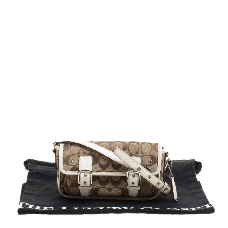 Pre Owned Coach White/Beige Signature Canvas Crossbody Bag