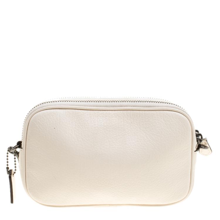 Pre Owned Coach Cream Leather Heart Embroidered Oval Crossbody Clutch Bag