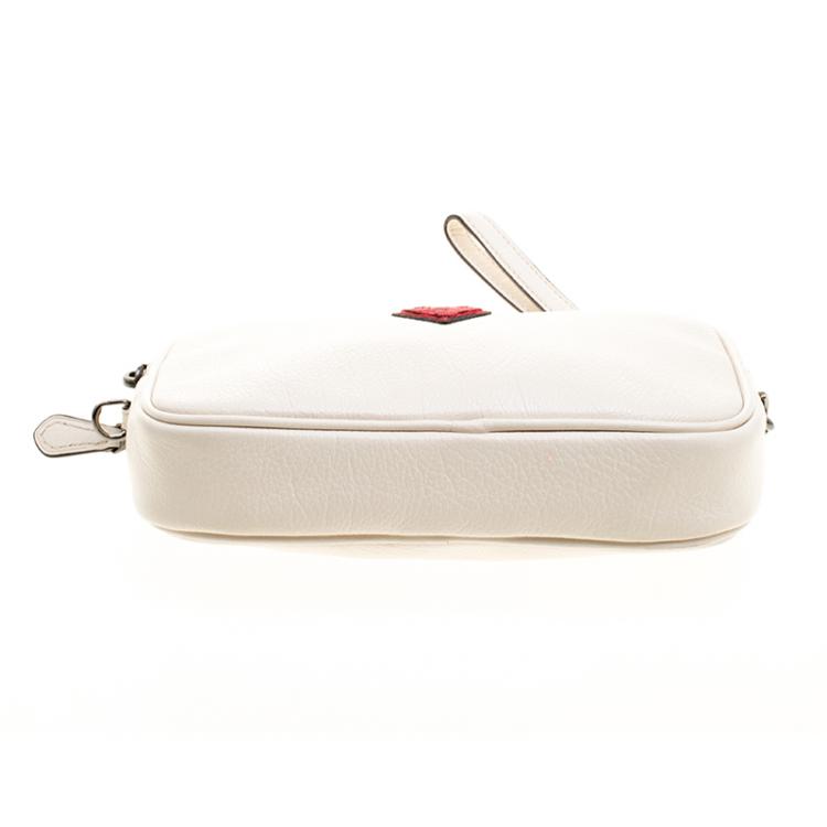Pre Owned Coach Cream Leather Heart Embroidered Oval Crossbody Clutch Bag