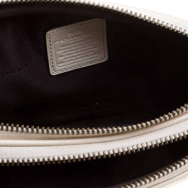 Pre Owned Coach Cream Leather Heart Embroidered Oval Crossbody Clutch Bag