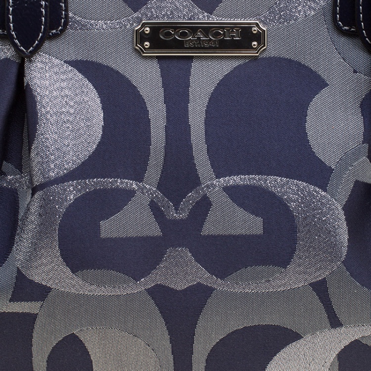 Pre Owned Coach Blue/Grey Optic Signature Jacquard and Patent Leather Tote