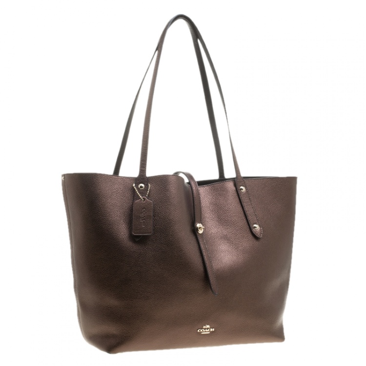 Pre Owned Coach Bronze Leather Large Market Shopper Tote