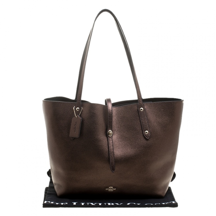 Pre Owned Coach Bronze Leather Large Market Shopper Tote