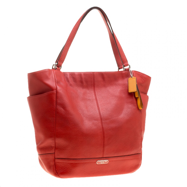Pre Owned Coach Vermilion Red Leather Park Signature North South Tote