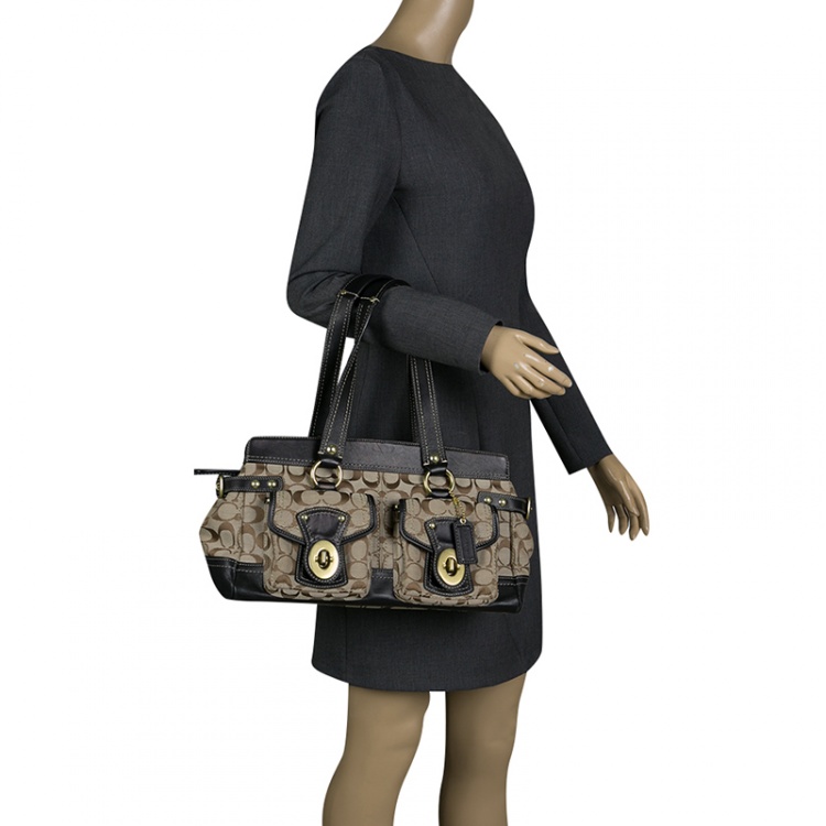 Pre Owned Coach Beige/Black Signature Canvas and Leather Tote