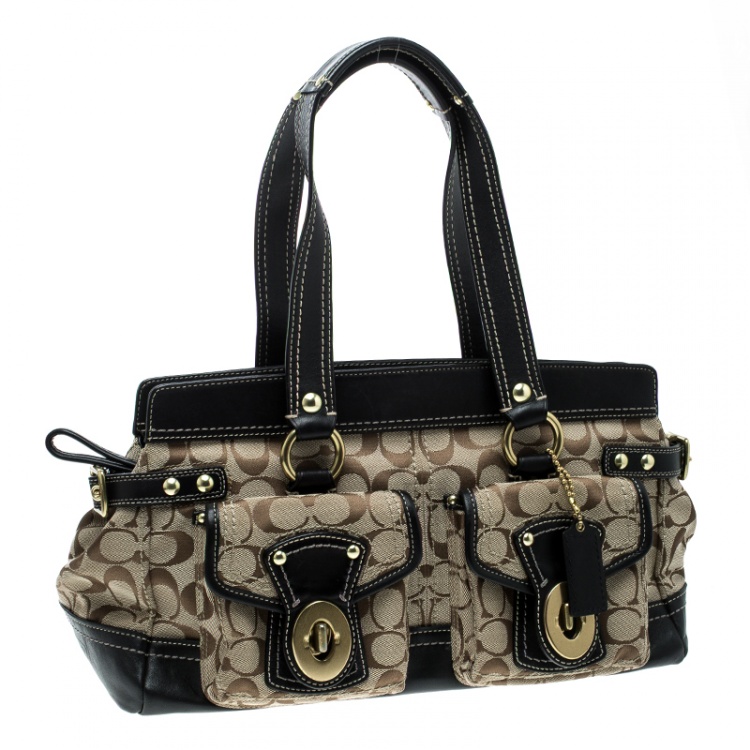 Pre Owned Coach Beige/Black Signature Canvas and Leather Tote