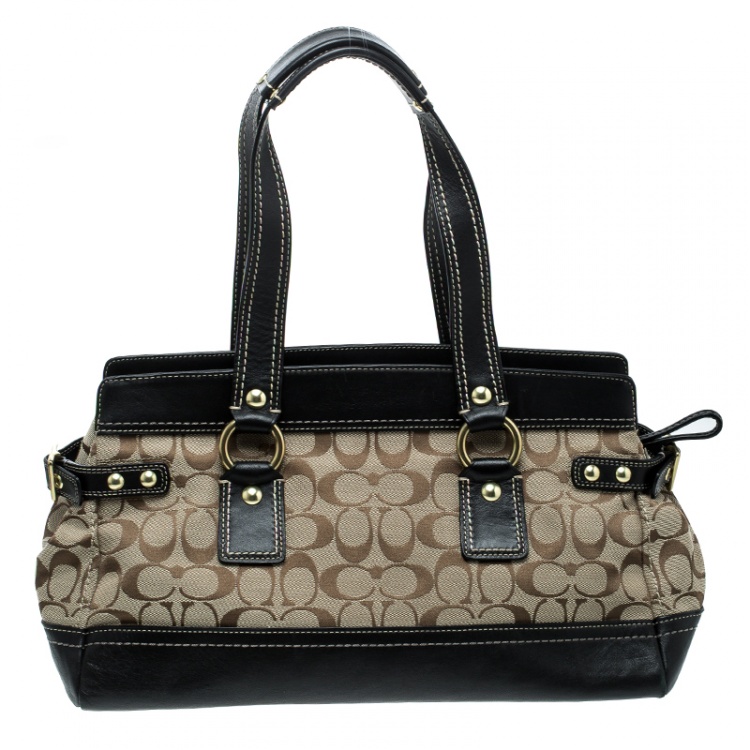 Pre Owned Coach Beige/Black Signature Canvas and Leather Tote