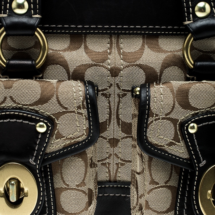 Pre Owned Coach Beige/Black Signature Canvas and Leather Tote