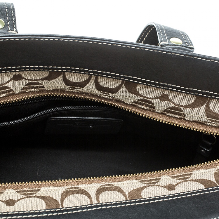 Pre Owned Coach Beige/Black Signature Canvas and Leather Tote