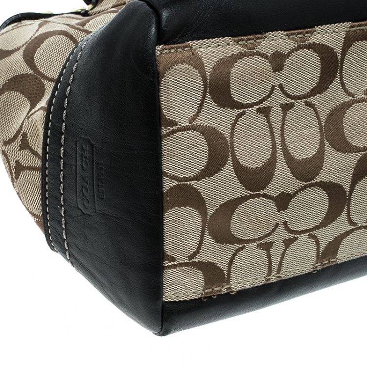 Pre Owned Coach Beige/Black Signature Canvas and Leather Tote